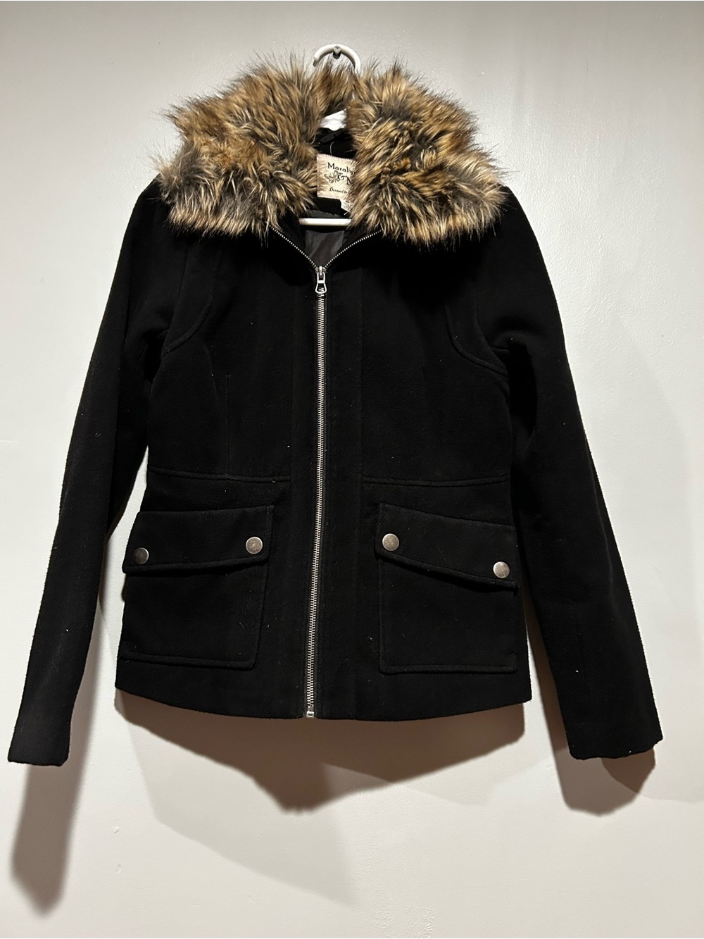 Maralyn & Me Black Pea Coat with Faux Fur Trim